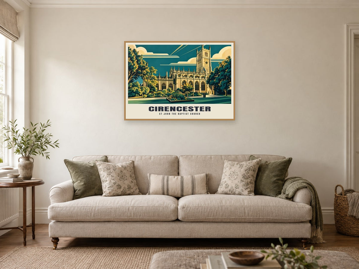 St John the Baptist Church, Cirencester Poster at A1, in a natural wood frame, in a sitting room
