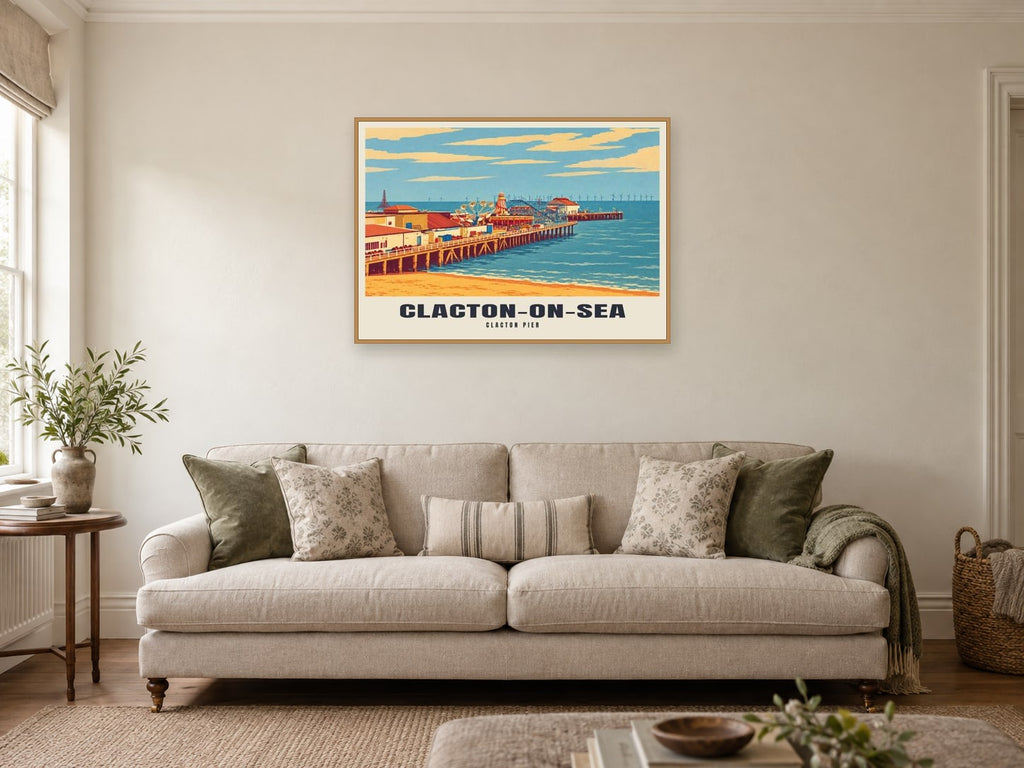 Clacton Pier, Clacton-on-Sea Poster at A1, in a natural wood frame, in a sitting room