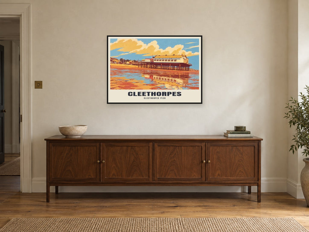 Cleethorpes Pier Poster at A1, in a black frame, above a sideboard