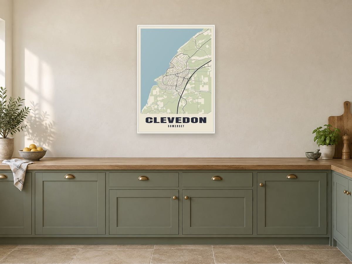 Clevedon Street Map Poster at A1, in a white frame, in a kitchen