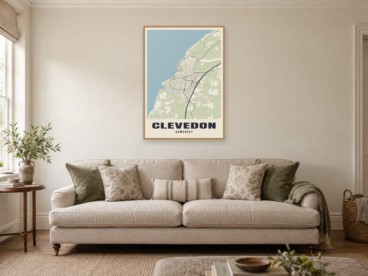 Clevedon Street Map Poster at A1, in a natural wood frame, in a sitting room