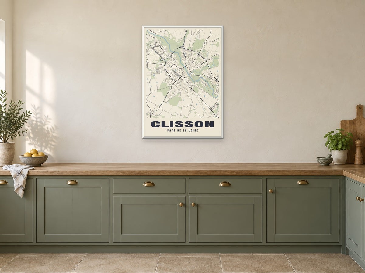 Clisson Street Map Poster at A1, in a white frame, in a kitchen