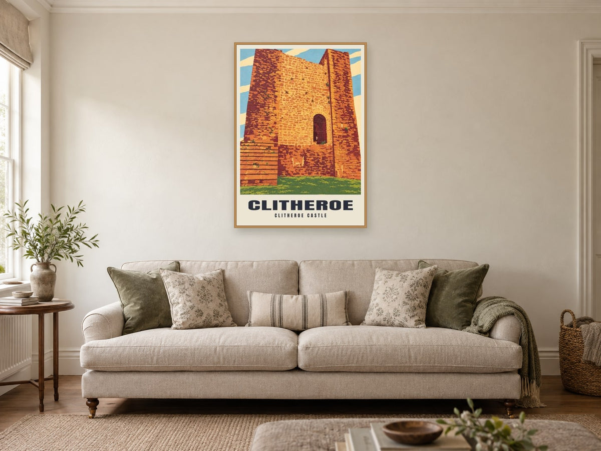 Clitheroe Castle Poster at A1, in a natural wood frame, in a sitting room