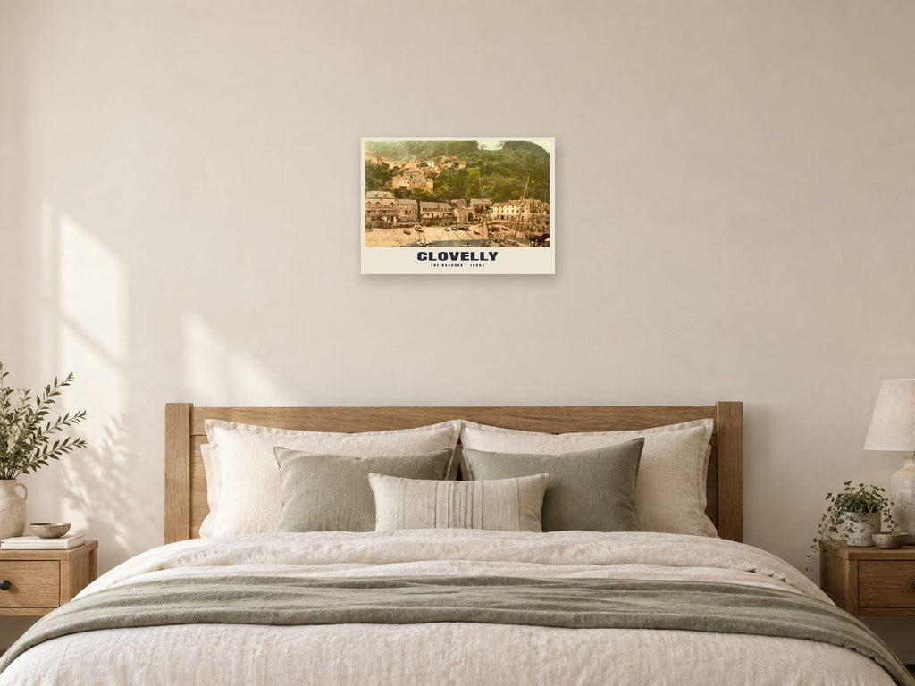 The Harbour, Clovelly, 1890s Heritage Print at A2, as a poster, above a bed