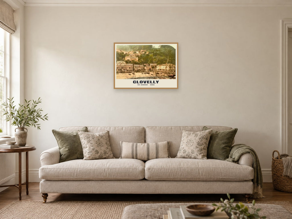 The Harbour, Clovelly, 1890s Heritage Print at A2, in a natural wood frame, in a sitting room