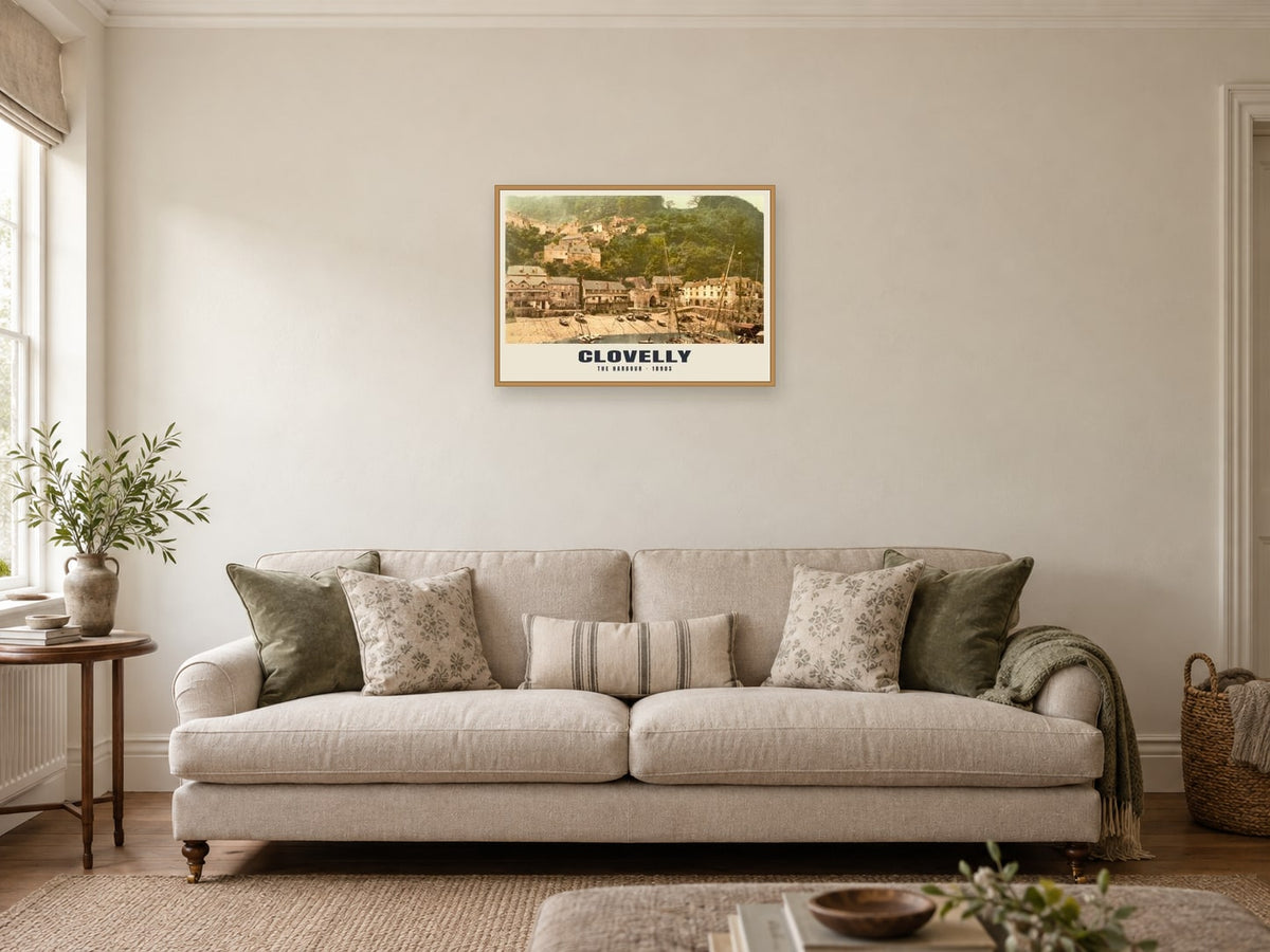 The Harbour, Clovelly, 1890s Heritage Print at A2, in a natural wood frame, in a sitting room