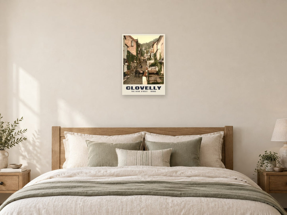 The High Street, Clovelly, 1890s Heritage Print at A2, as a poster, above a bed
