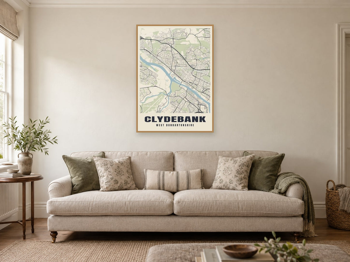 Clydebank Street Map Poster at A1, in a natural wood frame, in a sitting room