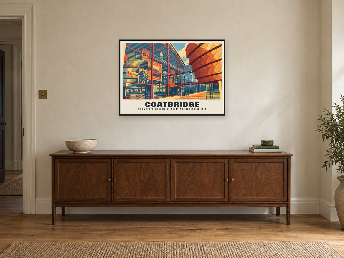 Summerlee Museum of Scottish Industrial Life, Coatbridge Poster at A1, in a black frame, above a sideboard