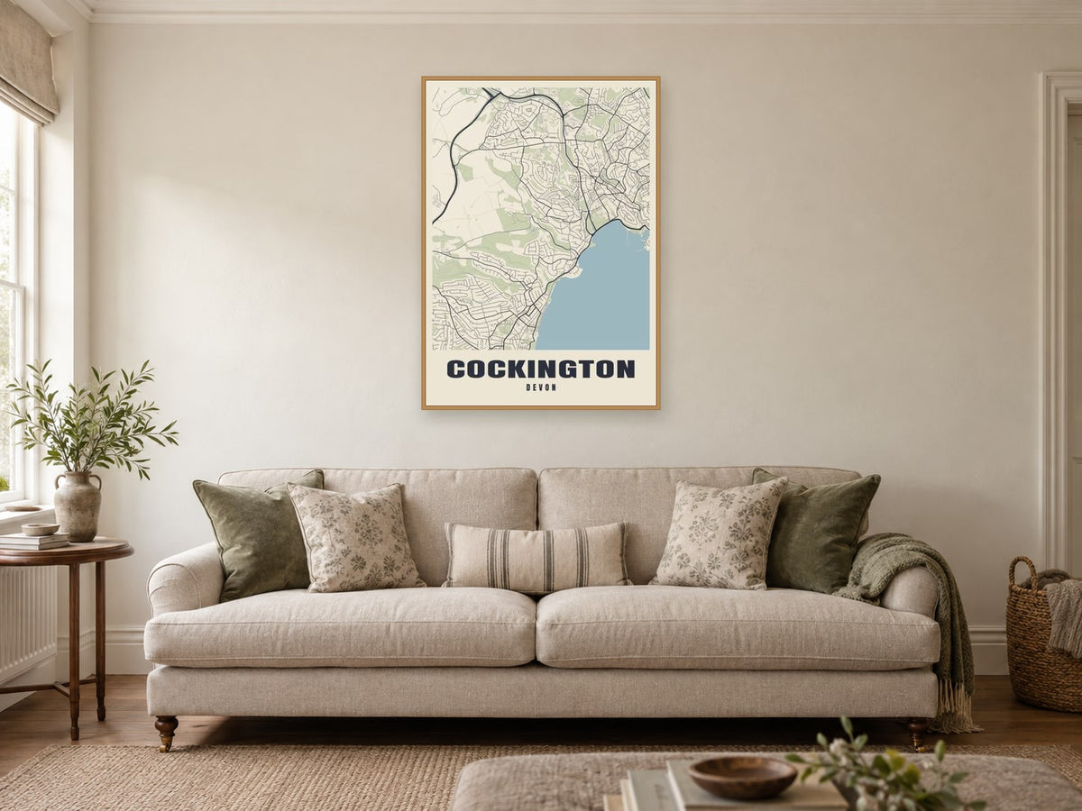 Cockington Street Map Poster at A1, in a natural wood frame, in a sitting room