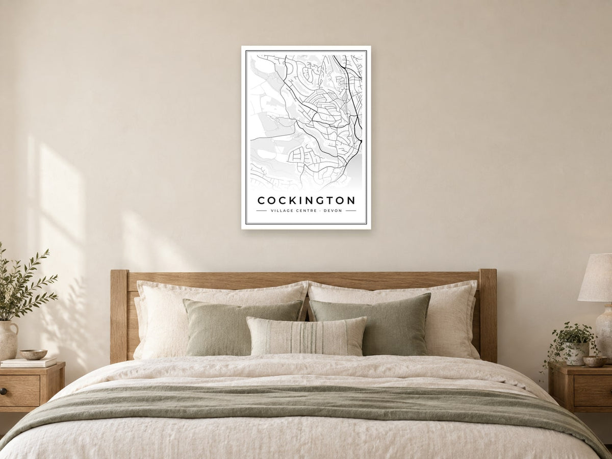 Cockington Village Centre Street Map Poster at A1, as a poster, above a bed