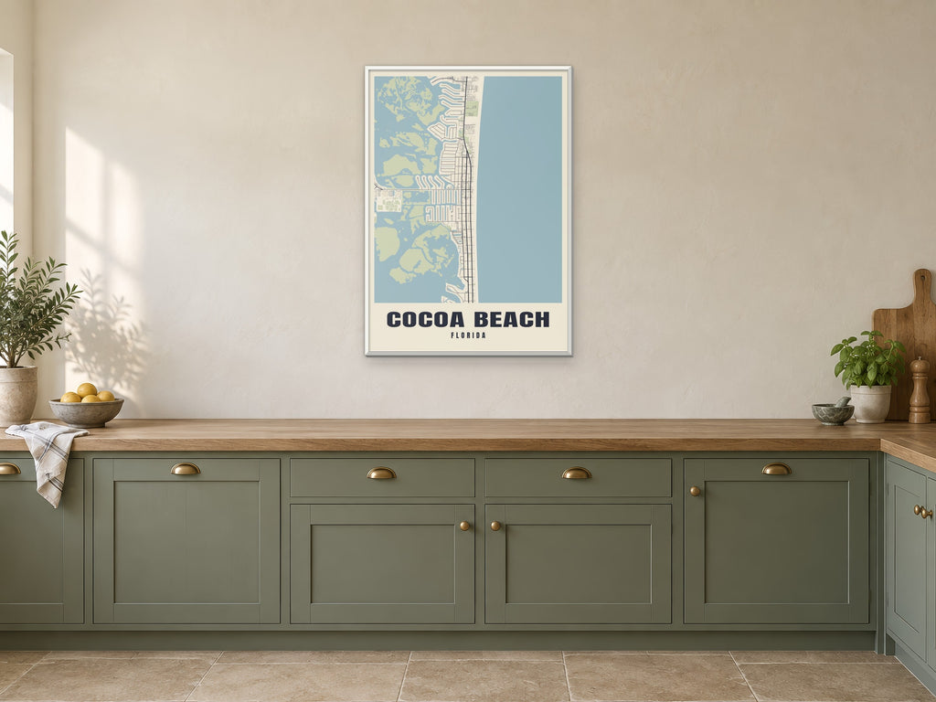 Cocoa Beach Street Map Poster at A1, in a white frame, in a kitchen