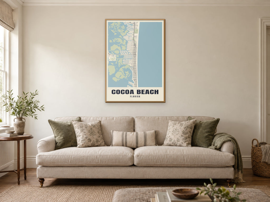 Cocoa Beach Street Map Poster at A1, in a natural wood frame, in a sitting room