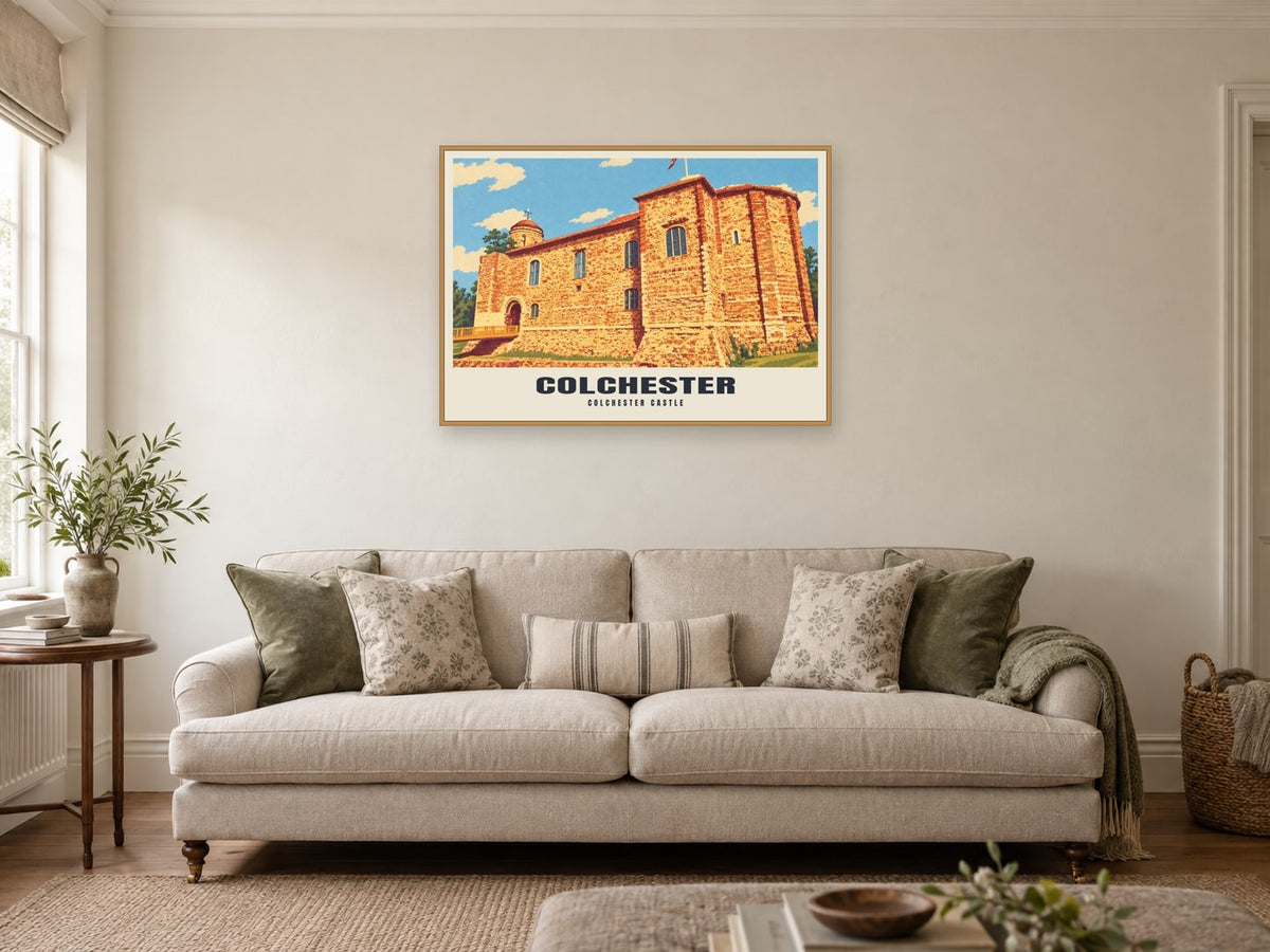 Colchester Castle Poster at A1, in a natural wood frame, in a sitting room