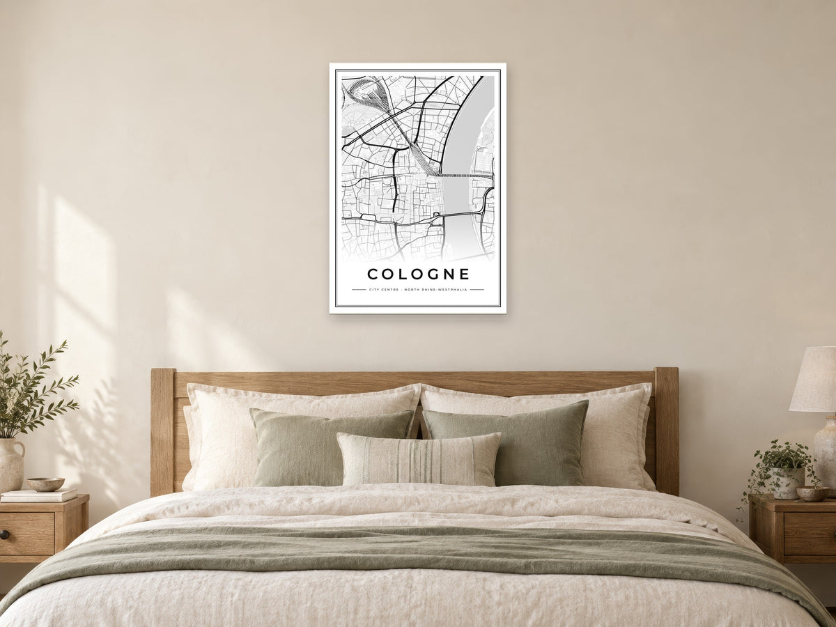 Cologne City Centre Street Map Poster at A1, as a poster, above a bed