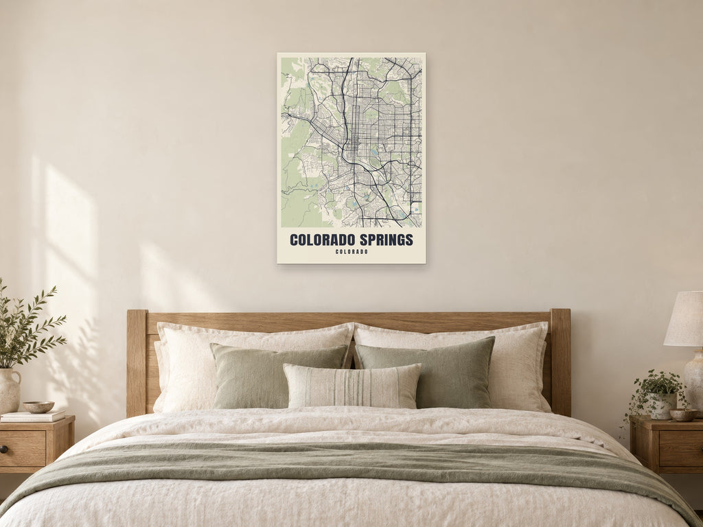 Colorado Springs Street Map Poster at A1, as a poster, above a bed