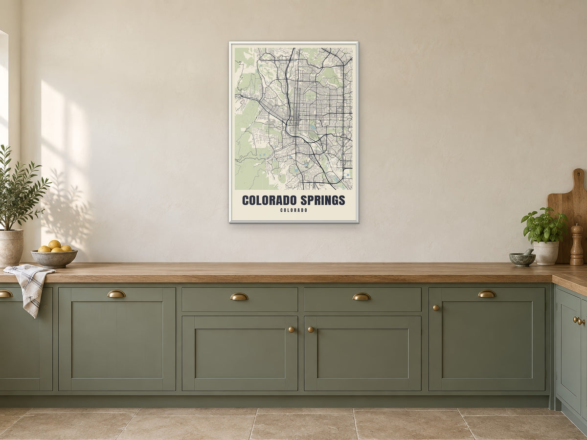 Colorado Springs Street Map Poster at A1, in a white frame, in a kitchen