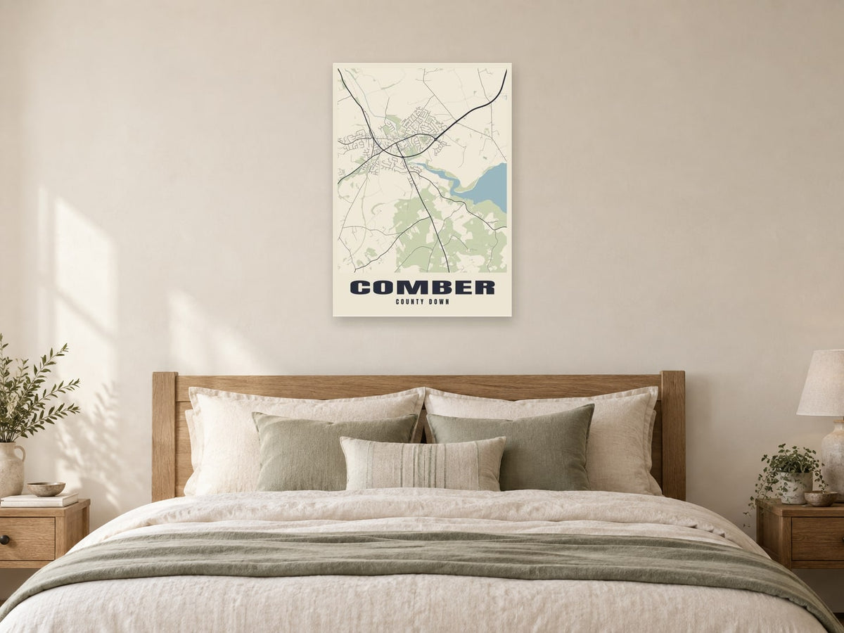 Comber Street Map Poster at A1, as a poster, above a bed