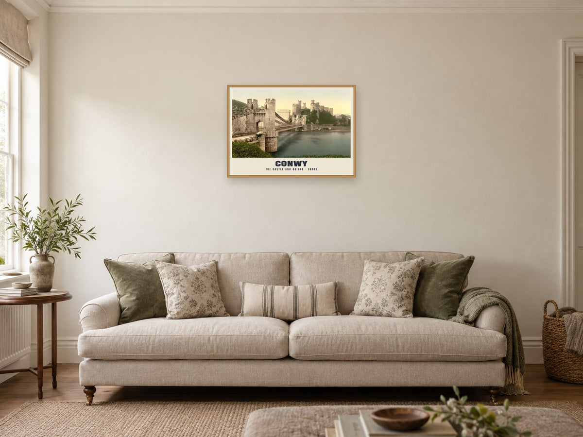 The Castle and Bridge, Conwy Poster at A2, in a natural wood frame, in a sitting room