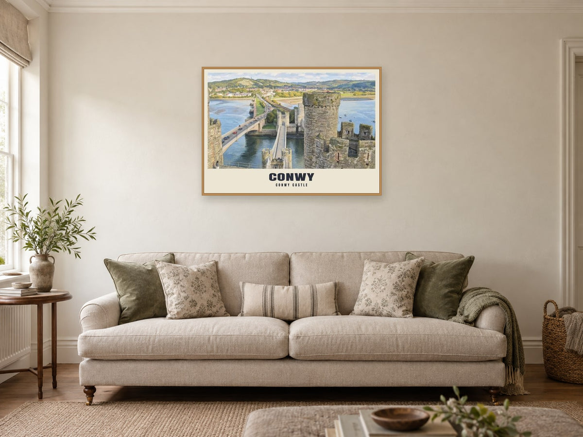 Conwy Castle Poster at A1, in a natural wood frame, in a sitting room
