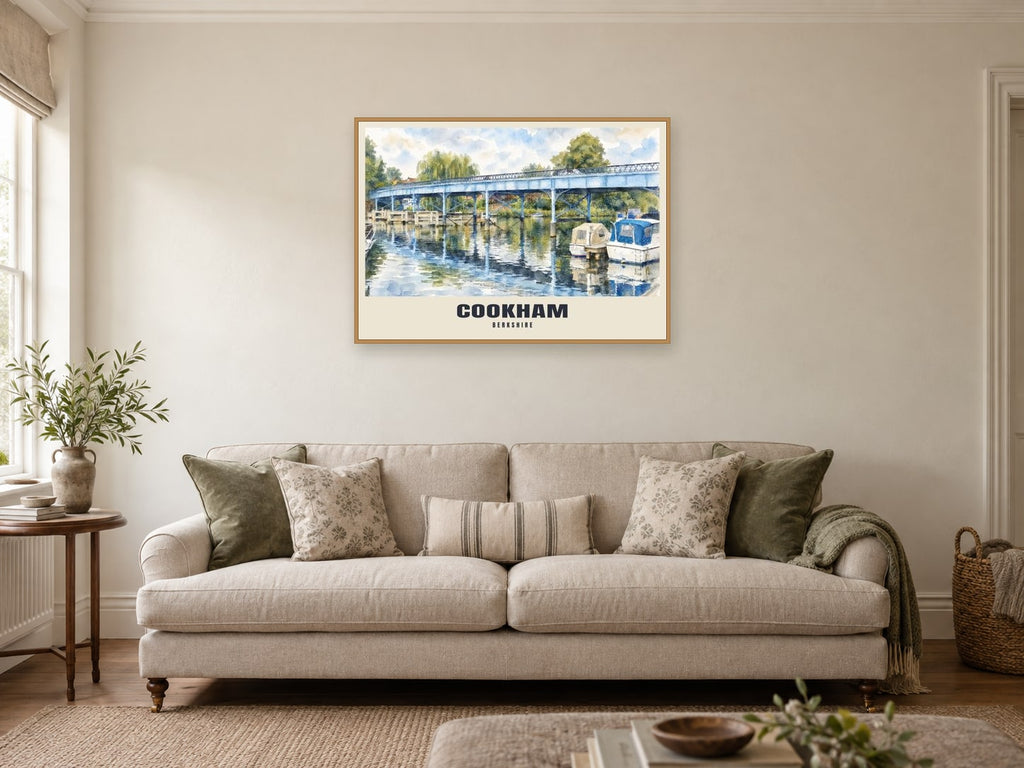 Cookham Bridge Poster at A1, in a natural wood frame, in a sitting room