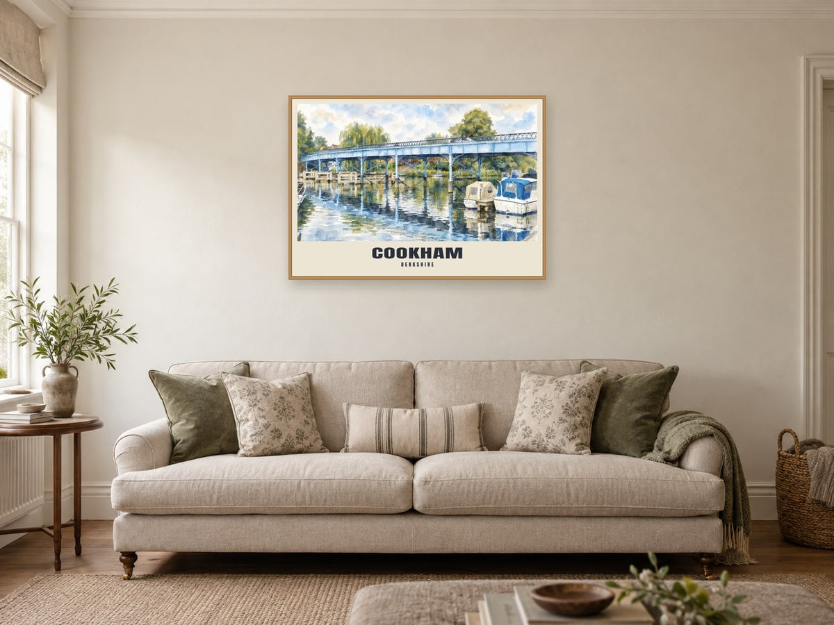 Cookham Bridge Poster at A1, in a natural wood frame, in a sitting room