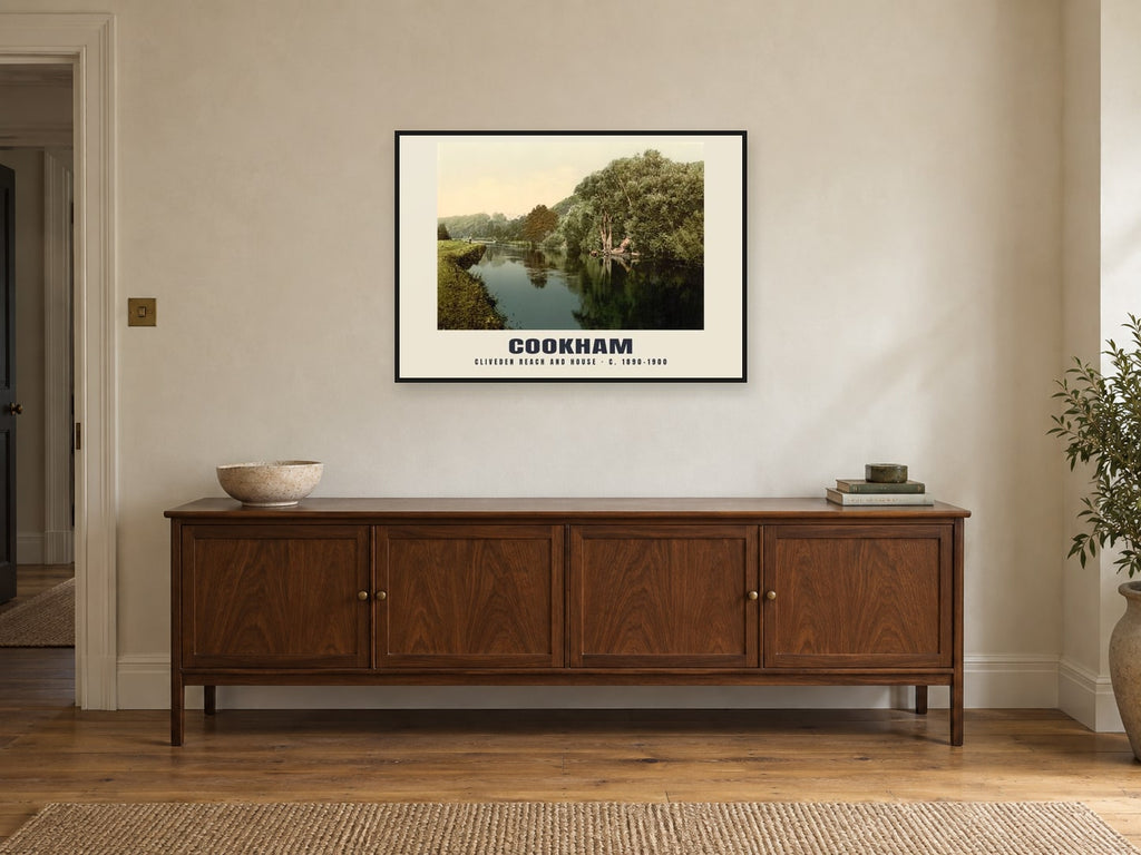Cliveden Reach and House, Cookham, c. 1890–1900 Heritage Print at A1, in a black frame, above a sideboard