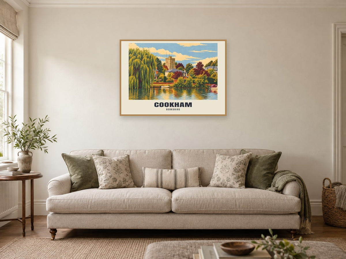 Cookham Poster — Holy Trinity Church at A1, in a natural wood frame, in a sitting room