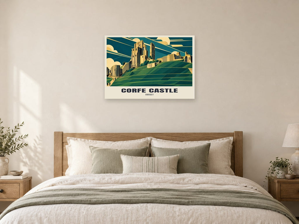 Corfe Castle Poster at A1, as a poster, above a bed