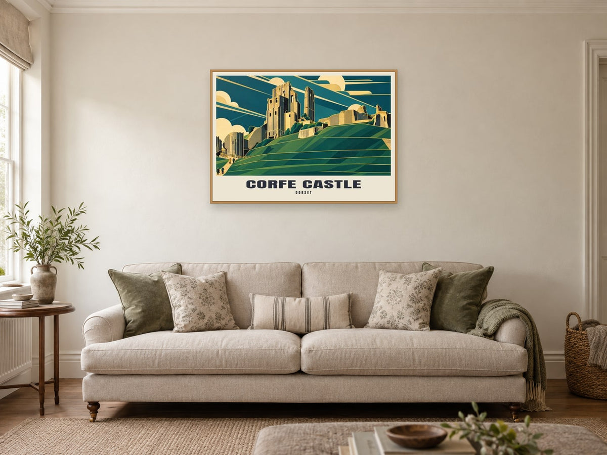 Corfe Castle Poster at A1, in a natural wood frame, in a sitting room