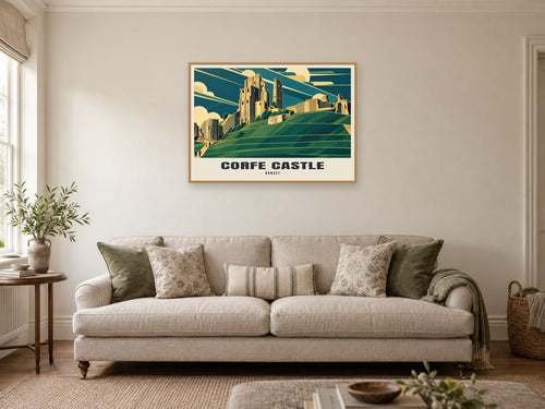 Corfe Castle Poster at A1, in a natural wood frame, in a sitting room