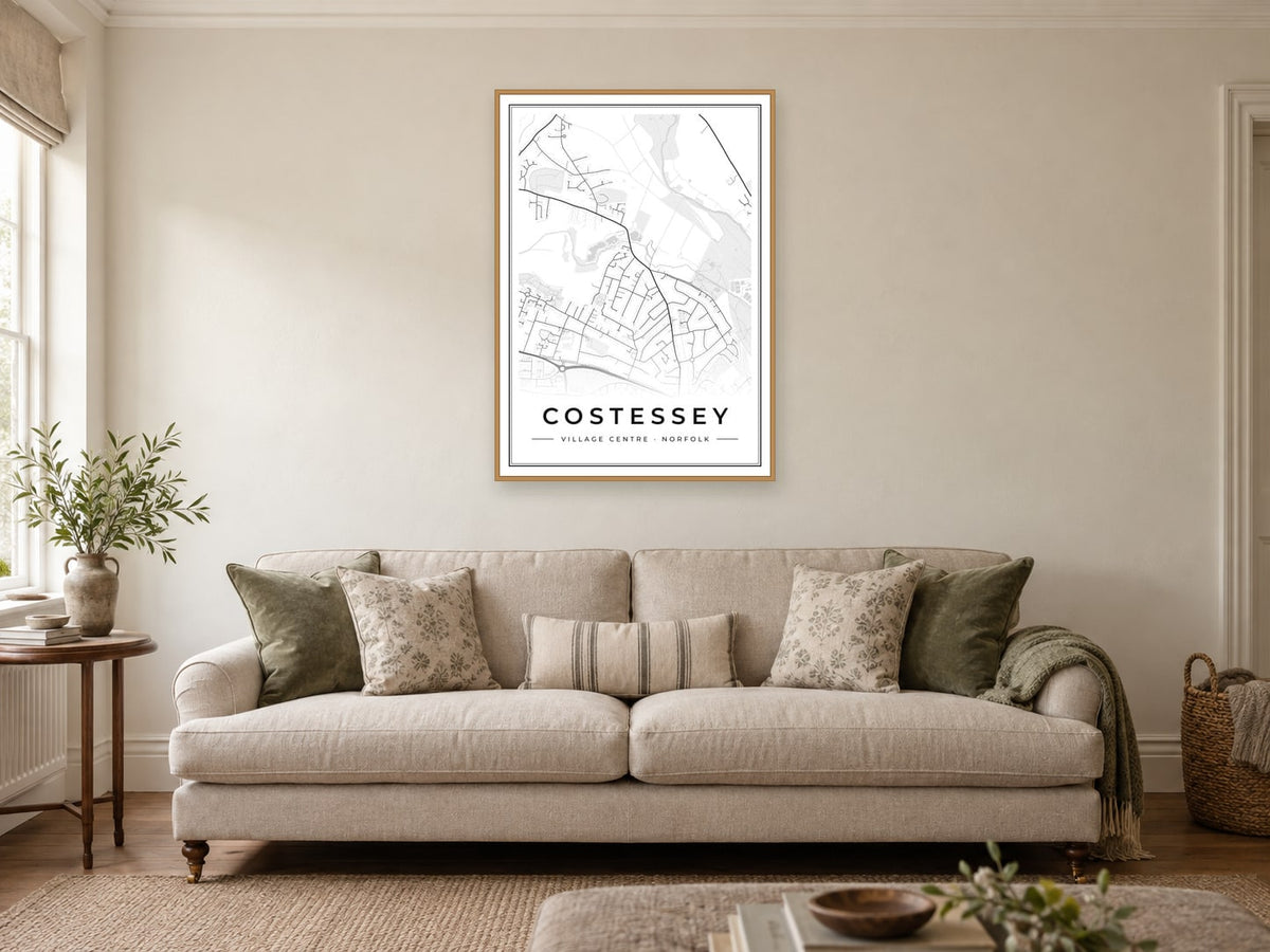 Costessey Village Centre Street Map Poster at A1, in a natural wood frame, in a sitting room