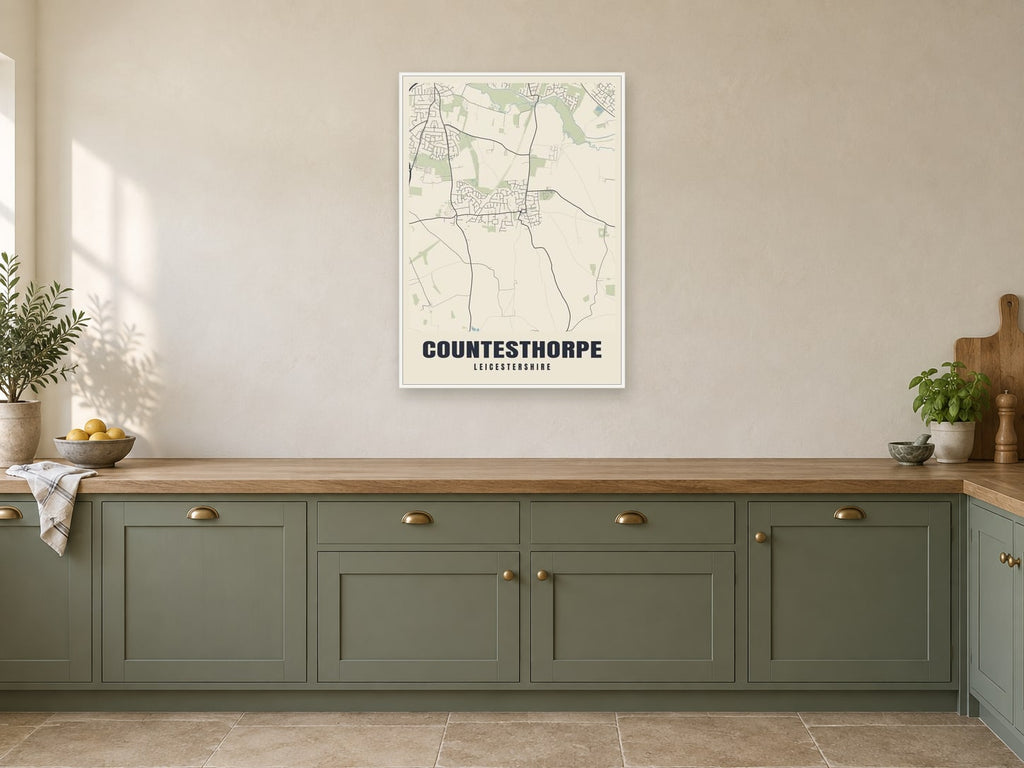 Countesthorpe Street Map Poster at A1, in a white frame, in a kitchen