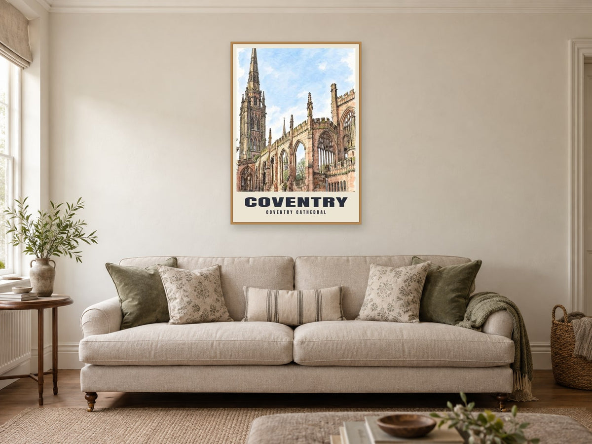 Coventry Cathedral Poster at A1, in a natural wood frame, in a sitting room