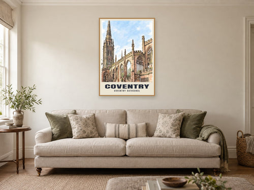 Coventry Cathedral Poster at A1, in a natural wood frame, in a sitting room