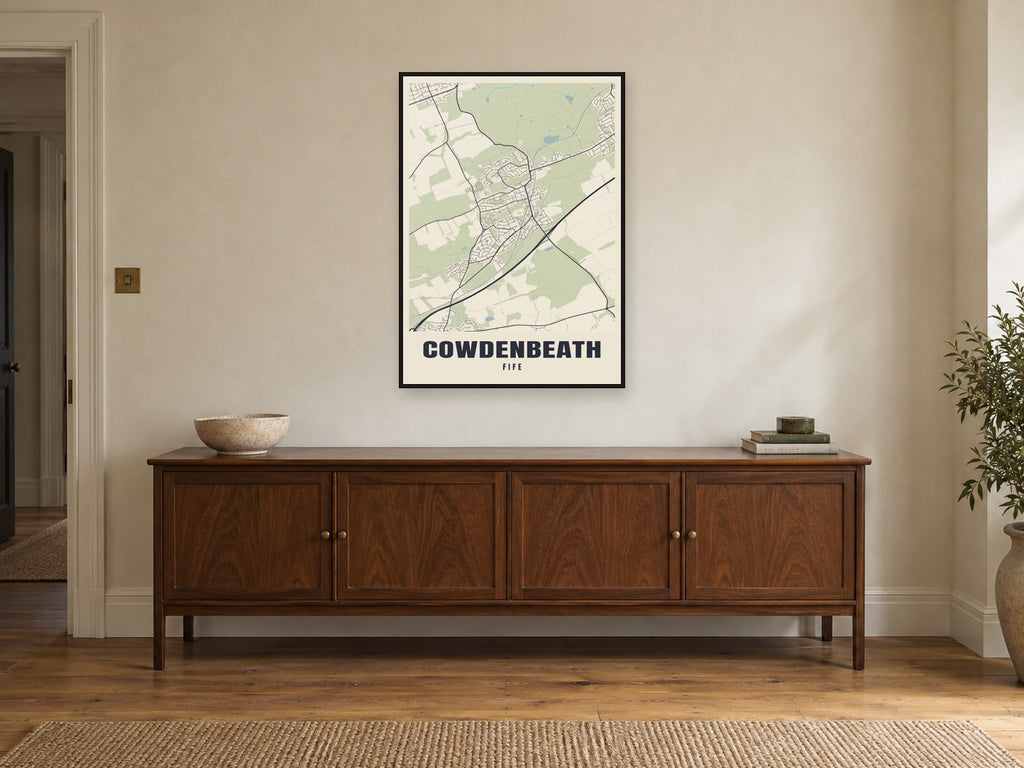 Cowdenbeath Street Map Poster at A1, in a black frame, above a sideboard