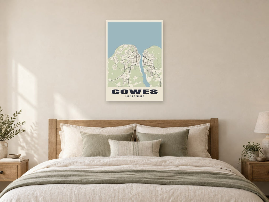 Cowes Street Map Poster at A1, as a poster, above a bed