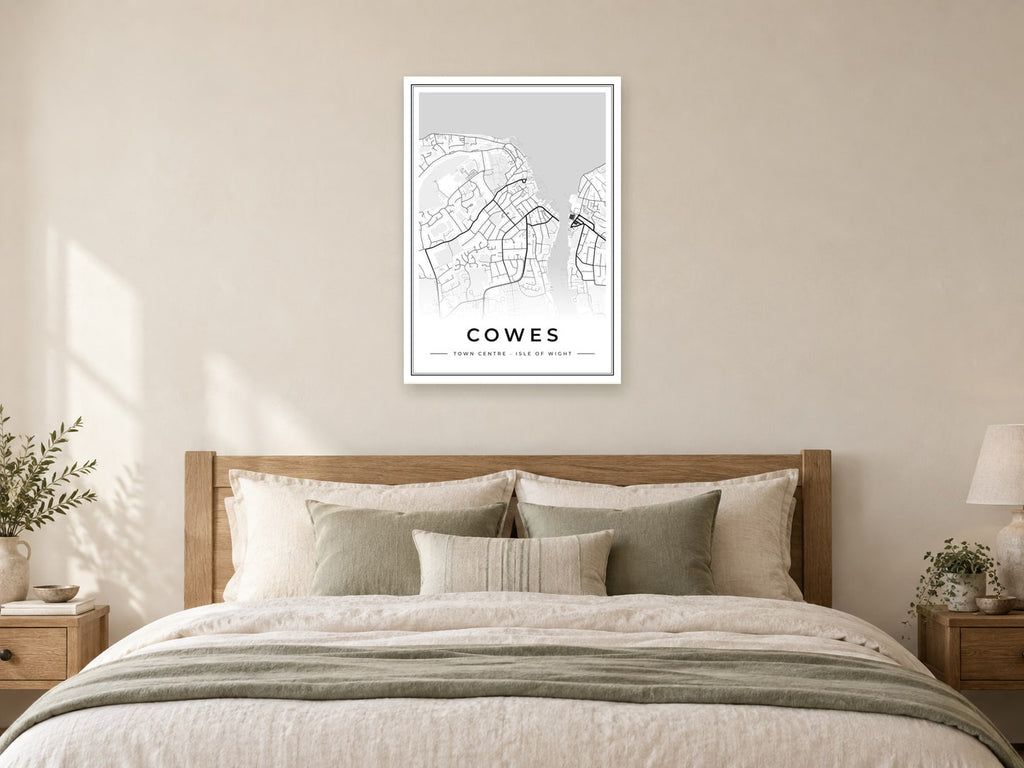 Cowes Town Centre Street Map Poster at A1, as a poster, above a bed