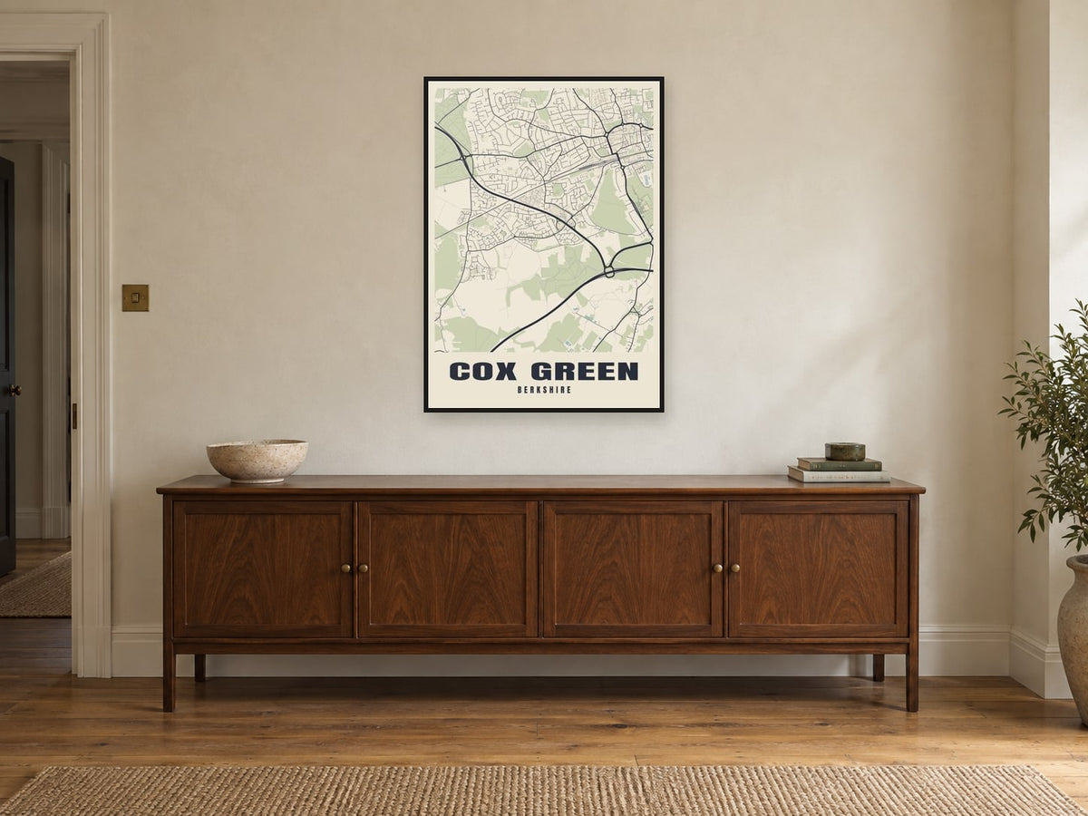 Cox Green Street Map Poster at A1, in a black frame, above a sideboard