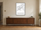 Craigavon Town Centre Street Map Poster at A1, in a black frame, above a sideboard