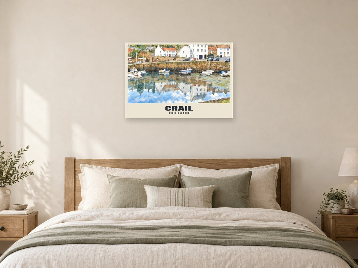 Crail harbour Poster at A1, as a poster, above a bed