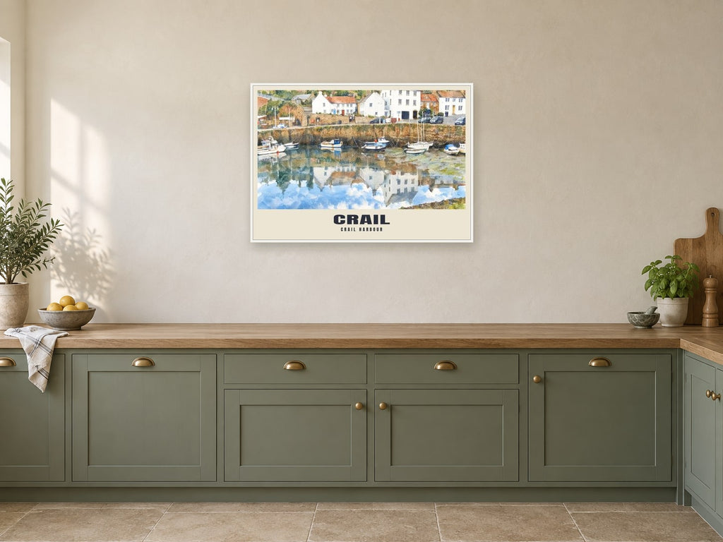 Crail harbour Poster at A1, in a white frame, in a kitchen