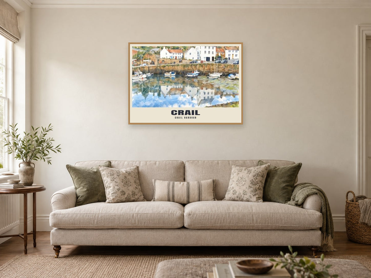 Crail harbour Poster at A1, in a natural wood frame, in a sitting room