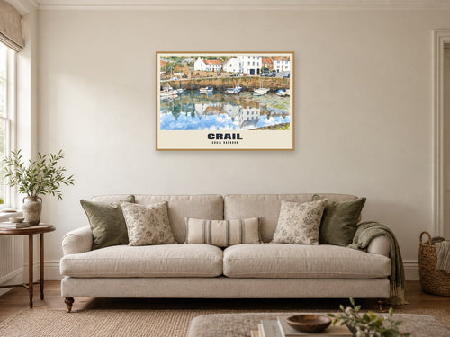 Crail harbour Poster at A1, in a natural wood frame, in a sitting room