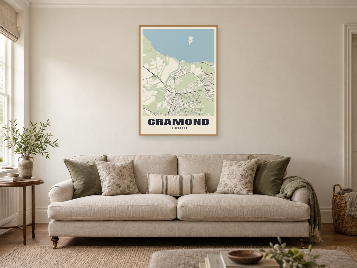 Cramond Street Map Poster at A1, in a natural wood frame, in a sitting room