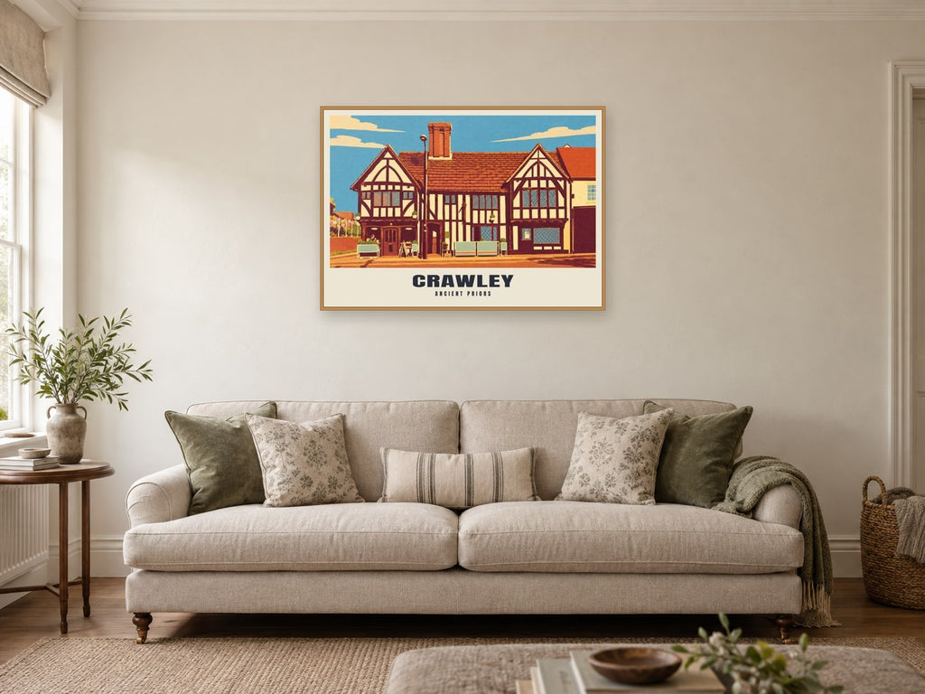 Ancient Priors, Crawley Poster at A1, in a natural wood frame, in a sitting room