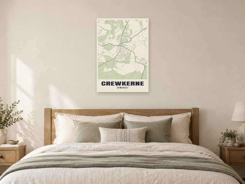 Crewkerne Street Map Poster at A1, as a poster, above a bed