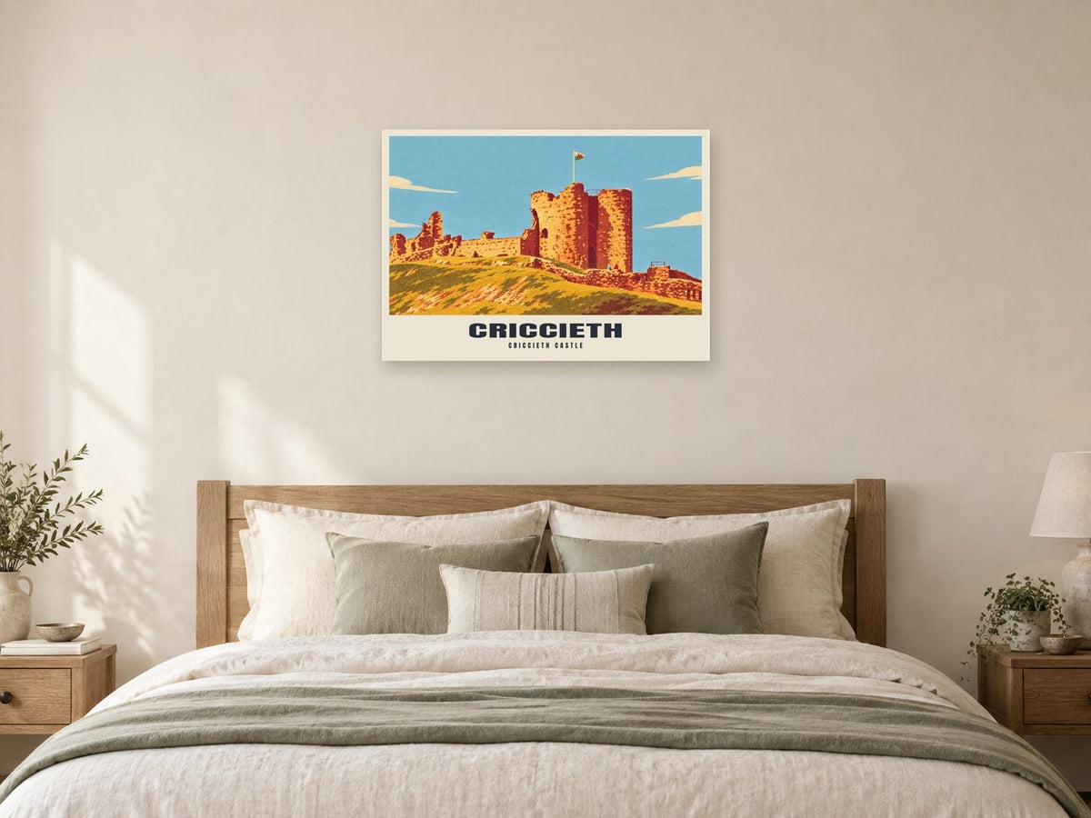 Criccieth Castle Poster at A1, as a poster, above a bed