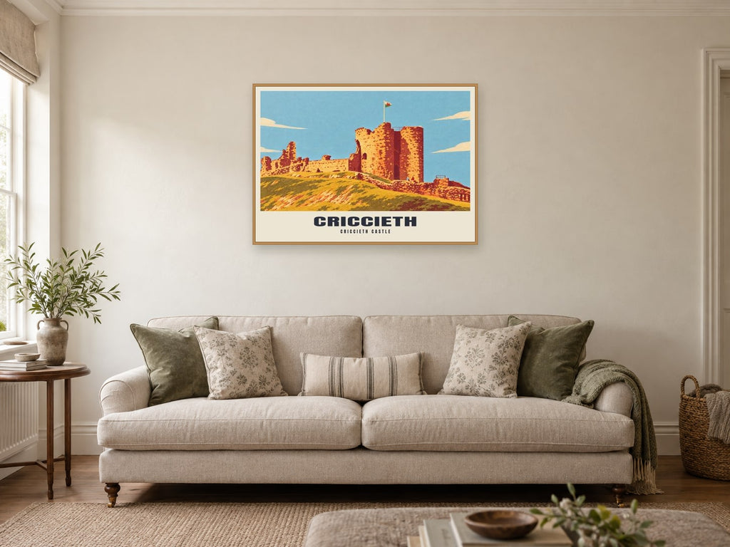 Criccieth Castle Poster at A1, in a natural wood frame, in a sitting room