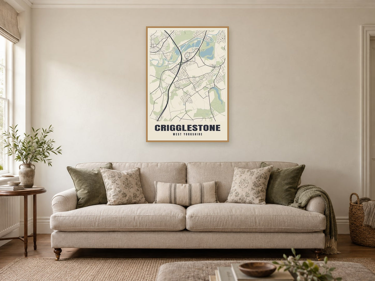 Crigglestone Street Map Poster at A1, in a natural wood frame, in a sitting room